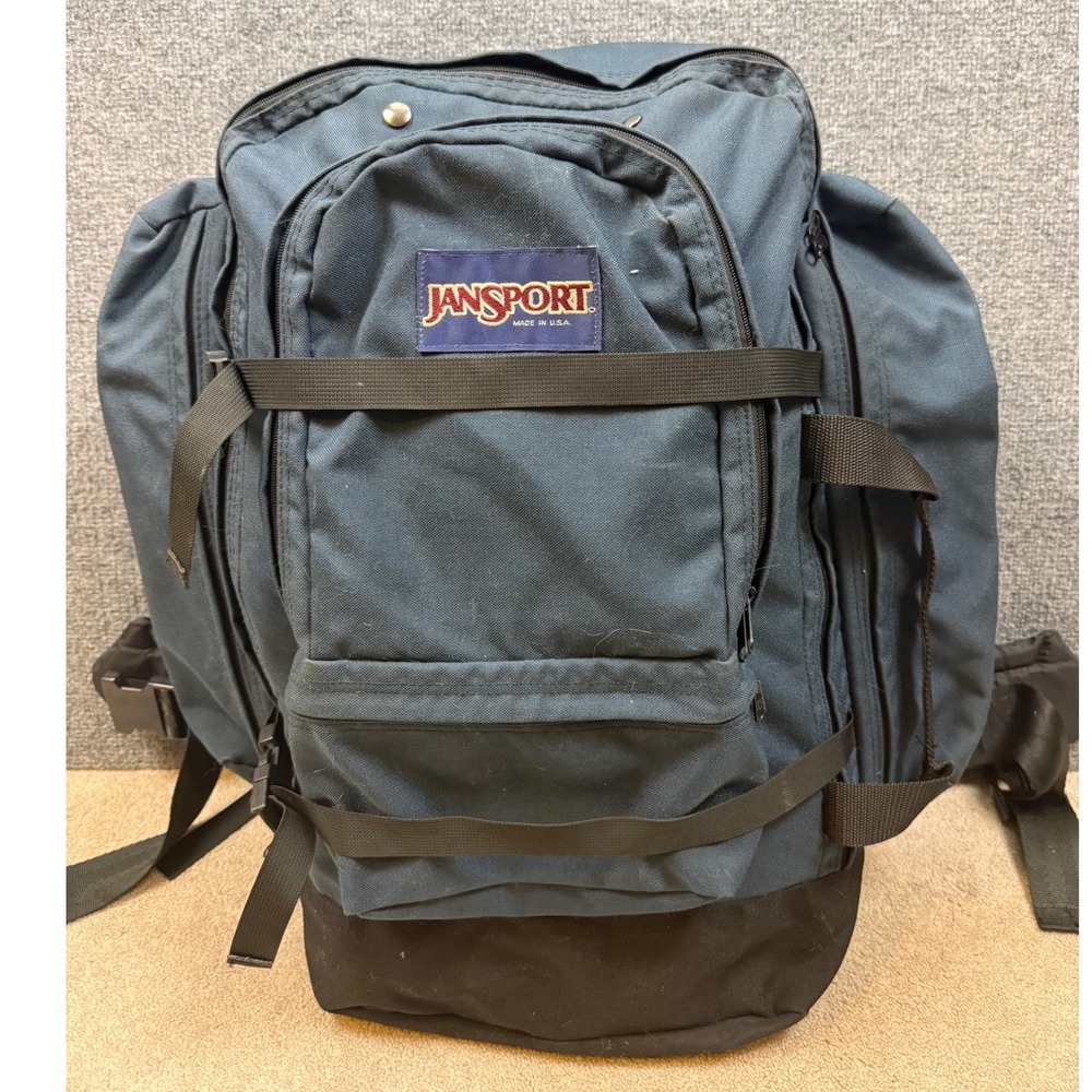 Vintage JanSport Backpack USA Navy Blue Hiking Bag with Waist Belt Int Frame EUC
